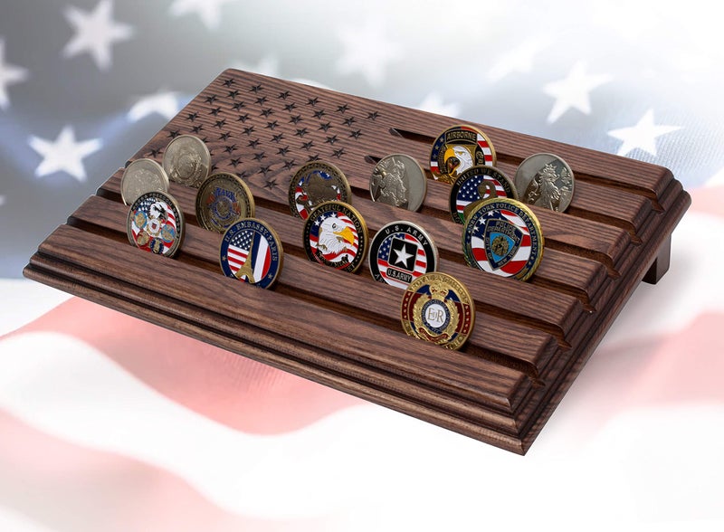 TESLYAR 6 Rows Military Challenge Coins Stand Holder Display Rack Wooden Army Collectible Challenge Coin Display Case Wood Stand  Holds 30-36 Coins Natural Solid Wood Brown American Flag (Brown) - Image 5